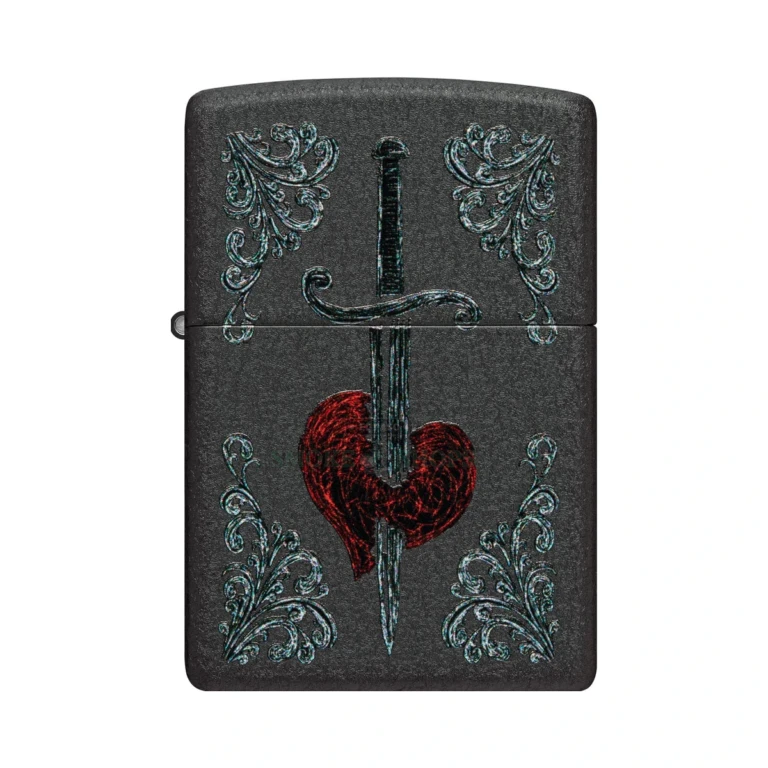 Close-up of the traditional heart and dagger tattoo Color Image with filigree on the Black Crackle Zippo case