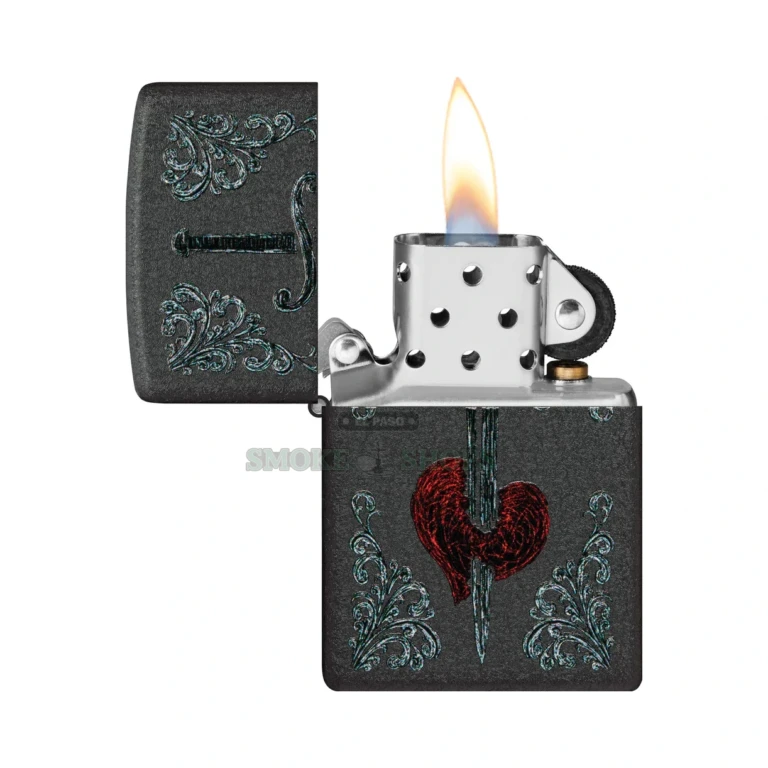 Zippo 48617 Heart Dagger lighter open with the lid flipped, showing the windproof Classic insert