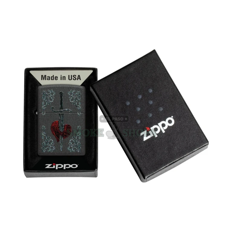 Side profile of the brass Classic Zippo Heart Dagger lighter showing its matte Black Crackle texture