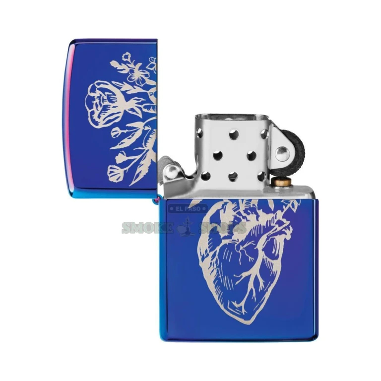 Close-up of the laser-engraved bed of flowers growing from a heart-shaped vase on the Zippo 29987 case