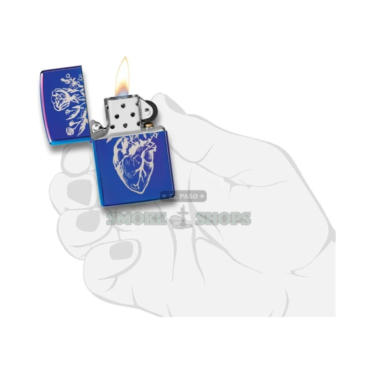 Mirror-bright High Polish Indigo finish reflecting on the brass Classic Zippo case