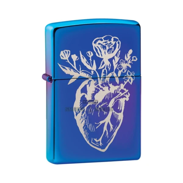 Zippo Heart Vase Design windproof lighter 29987 in High Polish Indigo finish, closed front view