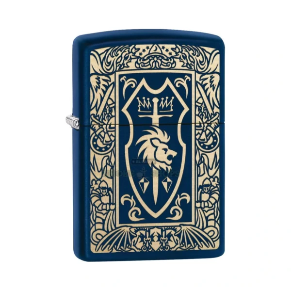 Zippo Heraldic Crest windproof lighter in Navy Matte with a laser-engraved lion-and-sword crest, lid closed