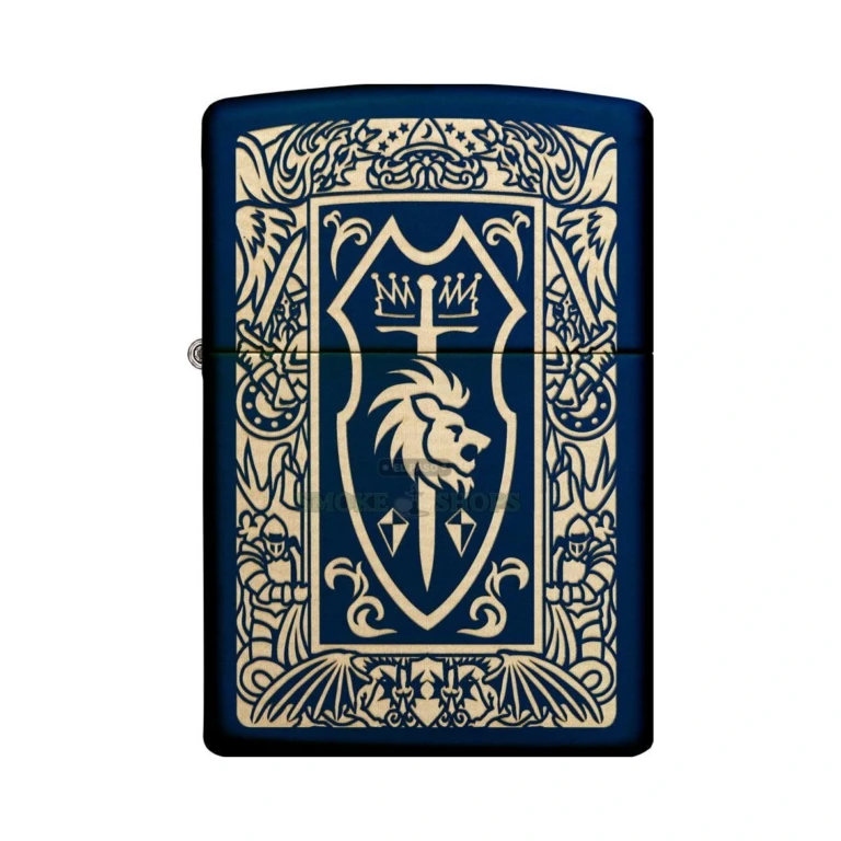 Zippo Heraldic Crest Navy Matte lighter shown open with the windproof flame lit