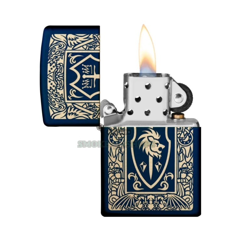 Close-up of the golden-bordered lion-and-sword heraldic crest engraved on the Navy Matte Zippo case