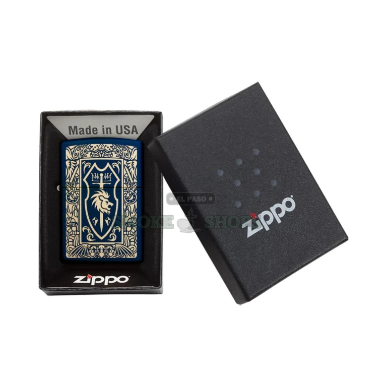 Zippo Heraldic Crest Navy Matte lighter presented in its Zippo gift box