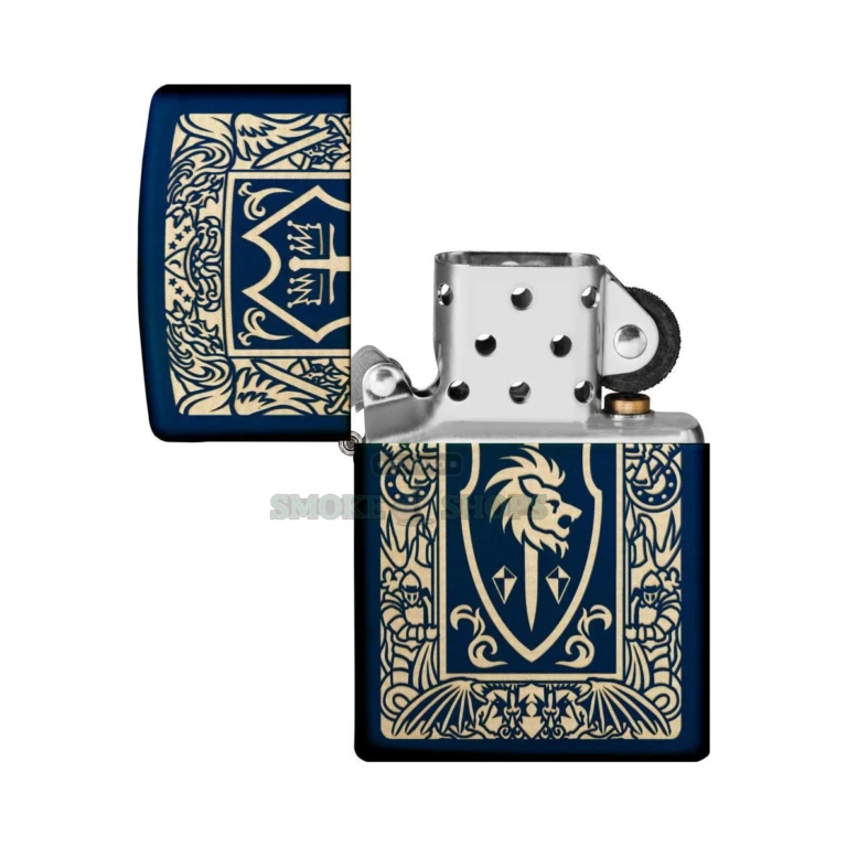 Zippo Heraldic Crest windproof lighter in Navy Matte with a laser-engraved lion-and-sword crest, lid closed