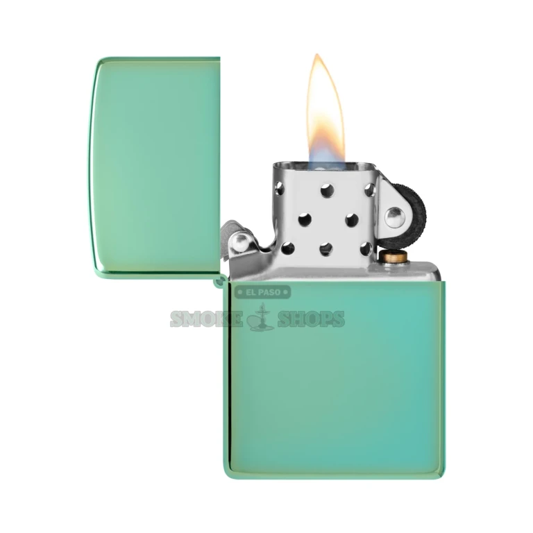 Zippo 28129 High Polish Green lighter open with the windproof chimney and flame visible