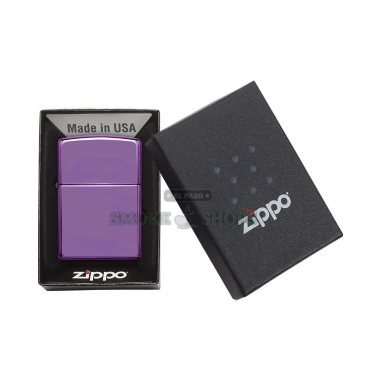 Zippo Abyss purple lighter shown in its Zippo gift box packaging