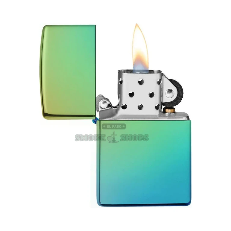 Zippo 49191 High Polish Teal lighter open with the lid flipped back and the wick and flint wheel exposed