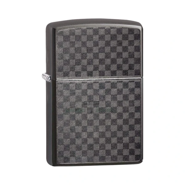 Zippo Iced Carbon Fiber windproof lighter 29823 in glossy Gray Dusk, closed front view showing the carbon-fiber checker pattern
