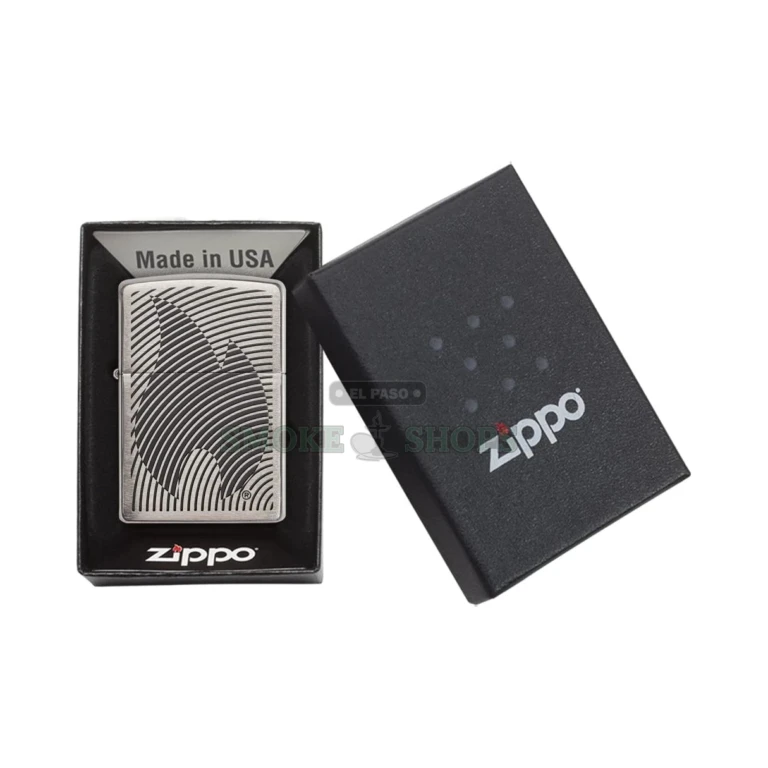 Close-up of the embossed Zippo flame texture across the brushed chrome case of the 29429