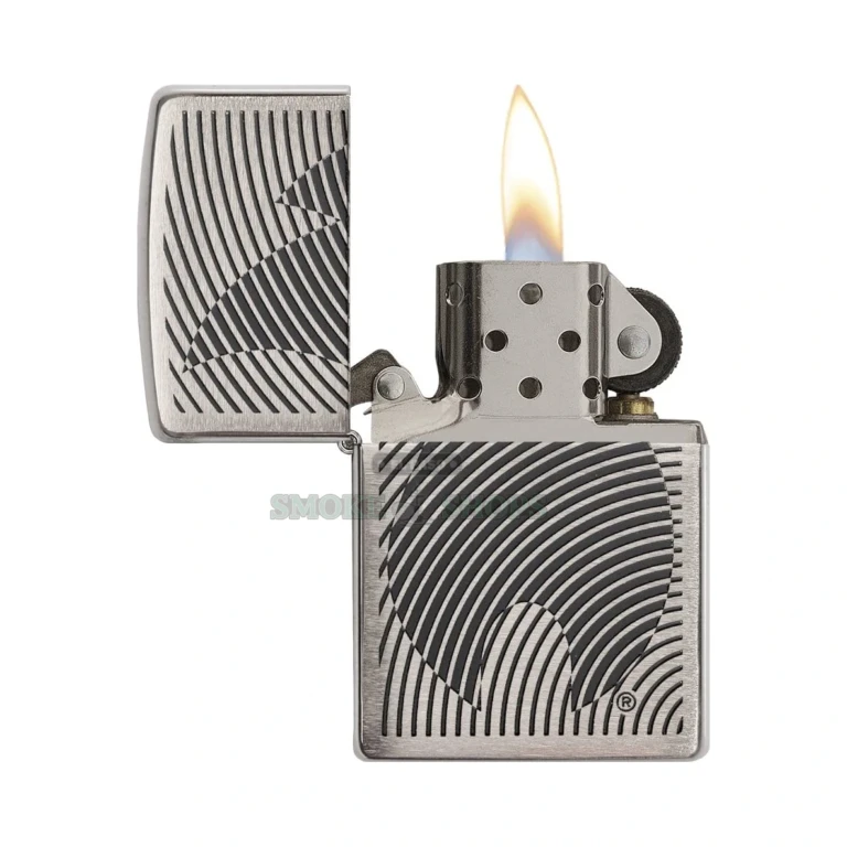 Zippo Illusion Flame windproof lighter model 29429 in brushed chrome with embossed flame design, closed
