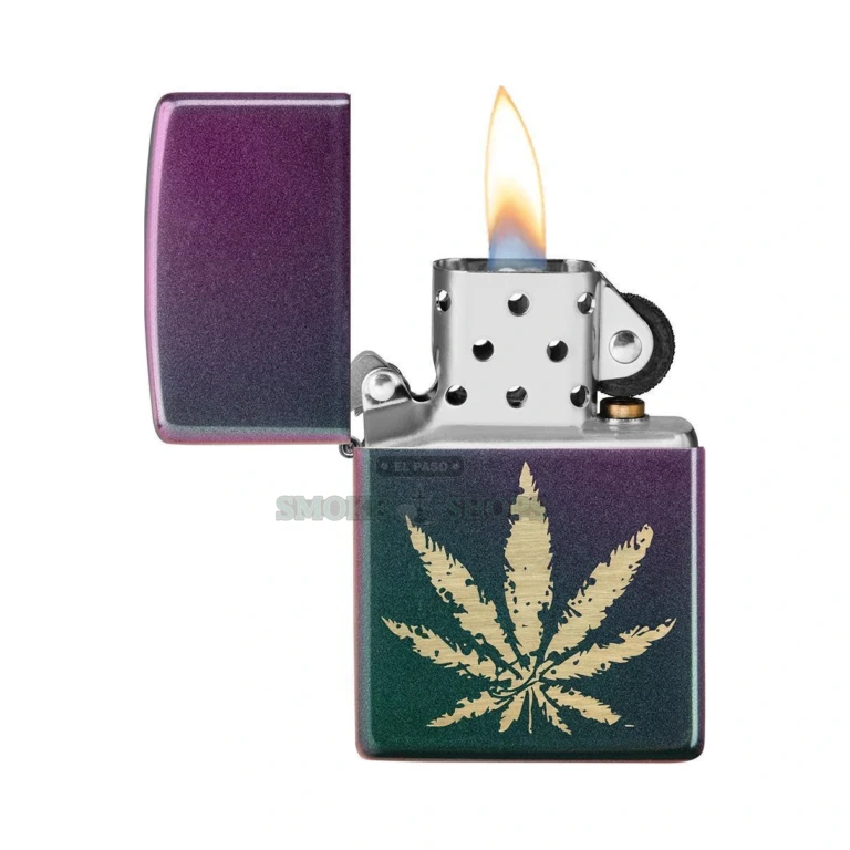 Zippo 49185 lighter open with the windproof chimney and a lit flame
