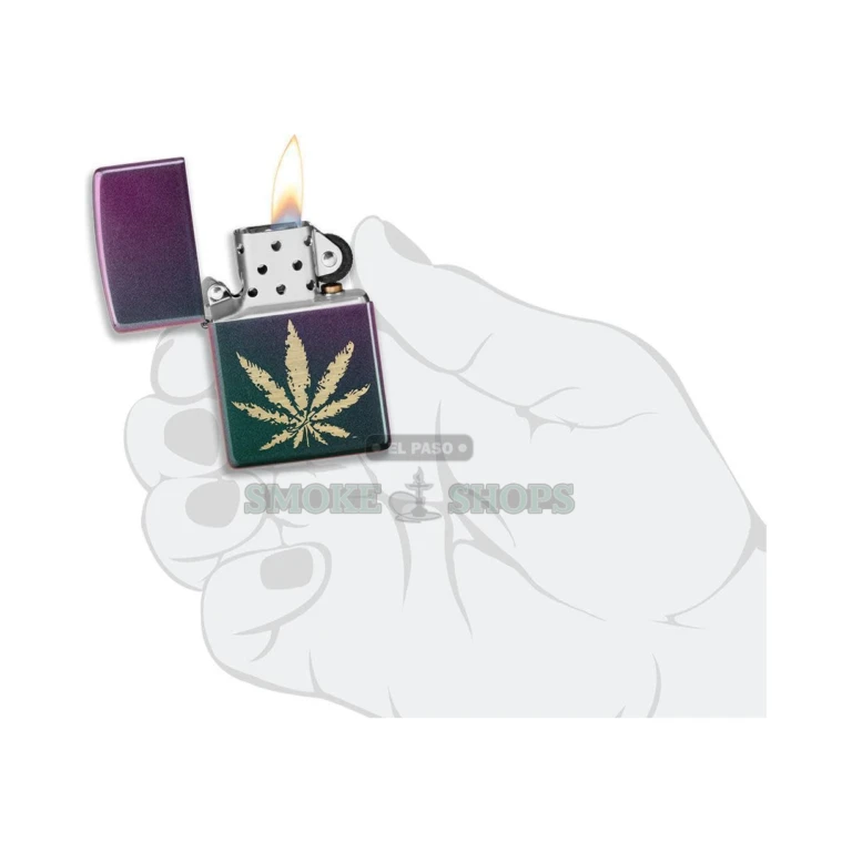 Side profile of the Zippo Iridescent Marijuana Leaf lighter showing the turquoise-to-violet color shift