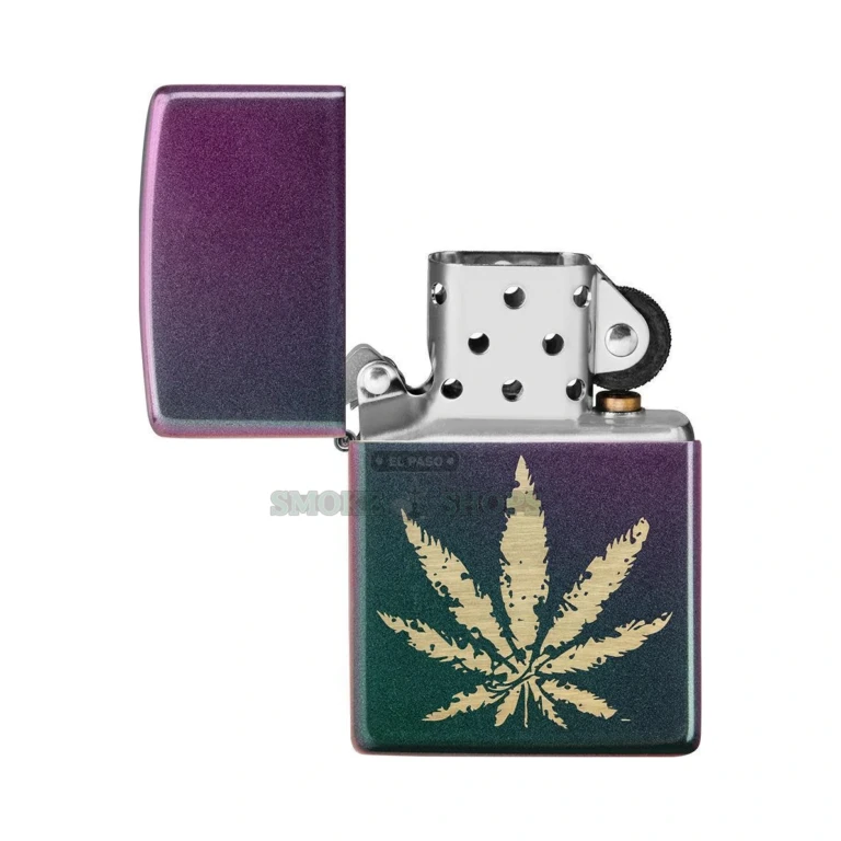 Zippo Iridescent Marijuana Leaf lighter 49185 with turquoise-to-violet ombre finish and exposed brass leaf, front view