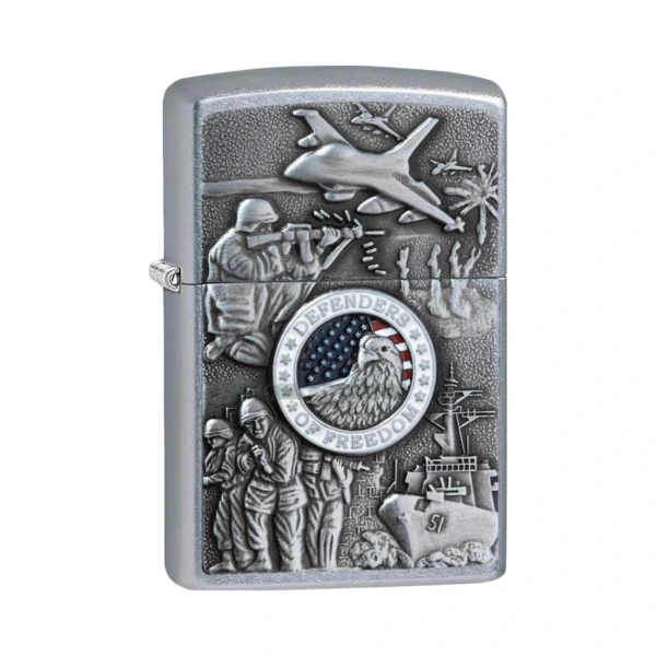 Zippo Joined Forces military emblem lighter model 24457 in a brushed Street Chrome finish, closed front view