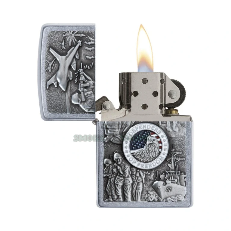 Joined Forces Defenders of Freedom emblem showing the insignia of each U.S. Armed Services branch on a chrome Zippo case