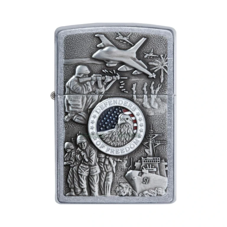 Zippo 24457 shown open with the windproof chimney and lit flame