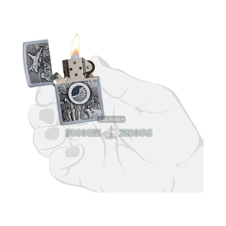 Back of the Street Chrome Zippo Joined Forces lighter showing the brushed bare-metal finish