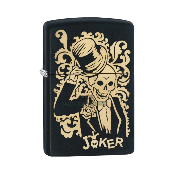 Zippo 29632 Joker lighter, black matte case with a bronze laser-engraved skeleton joker tipping his top hat