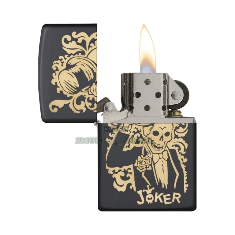 Close-up of the bronze skeleton joker design exposed beneath the black matte finish on the Zippo 29632