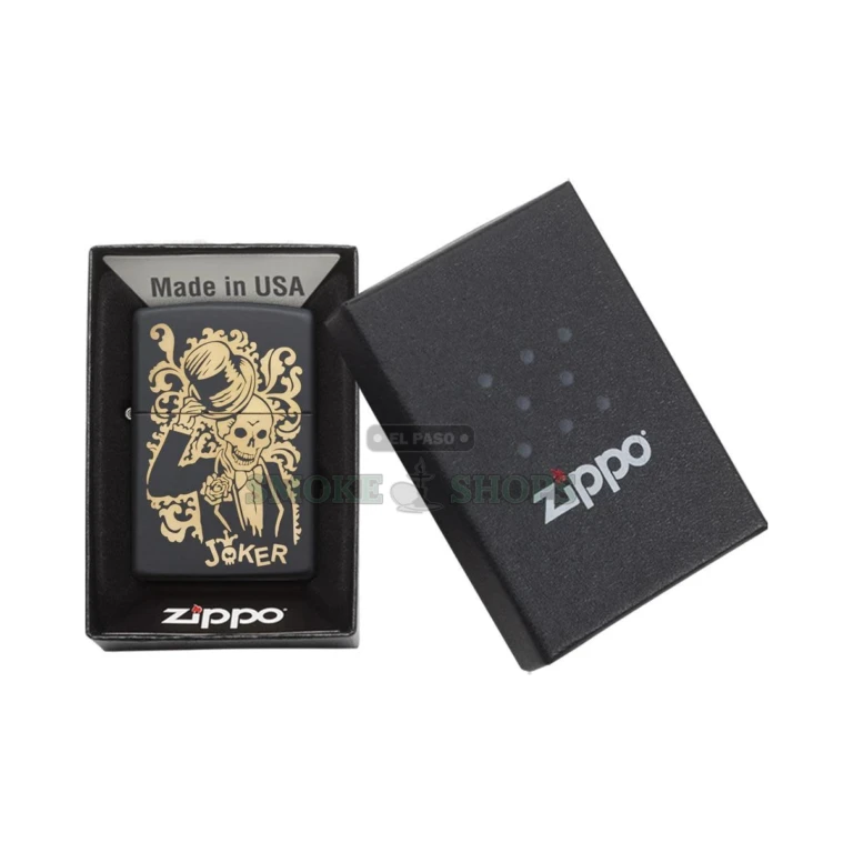 Back of the black matte Zippo Joker lighter showing the all-metal Classic case
