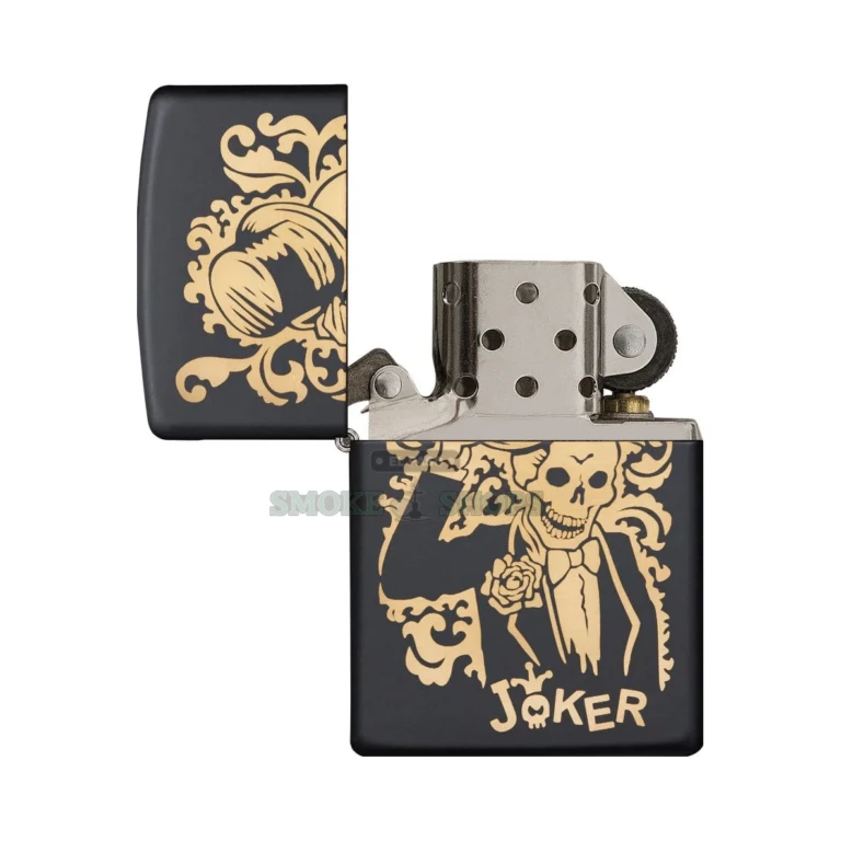 Zippo 29632 Joker lighter, black matte case with a bronze laser-engraved skeleton joker tipping his top hat