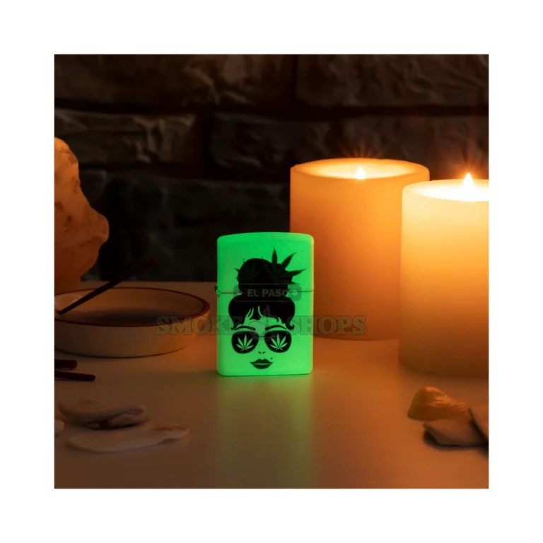 Lady Cannabis artwork of a woman framed by cannabis leaves on the green matte Zippo 49837 case