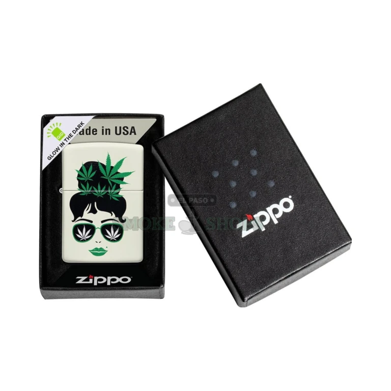 Zippo Lady Cannabis glow-in-the-dark windproof lighter model 49837, closed, front view of the green matte case