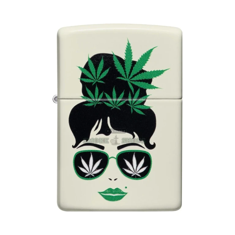 Zippo Lady Cannabis glow-in-the-dark windproof lighter model 49837, closed, front view of the green matte case