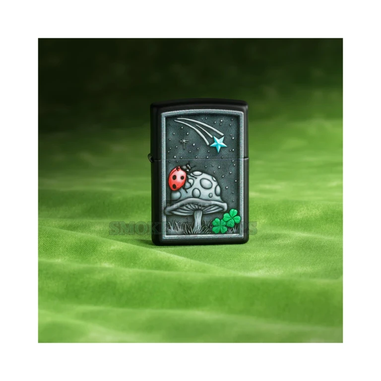 Black Matte Zippo Ladybug lighter 48724 shown open with the windproof chimney and lit flame