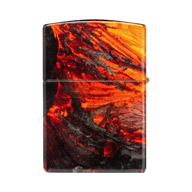 Zippo Lava Flow 540 Fusion lighter 48622 standing closed, glowing molten-lava design wrapping the brass case