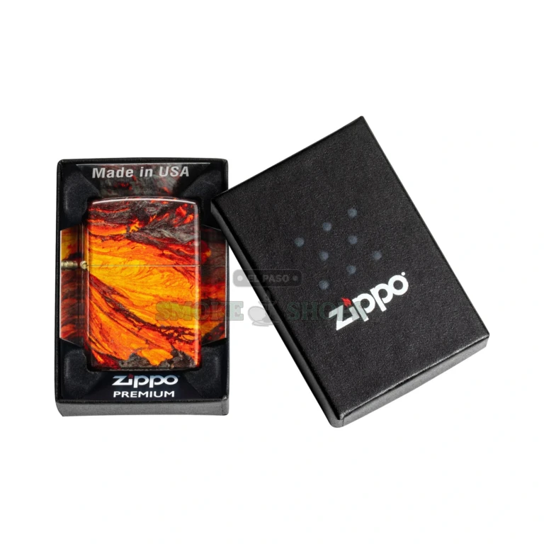 Zippo Lava Flow 540 Fusion lighter 48622 standing closed, glowing molten-lava design wrapping the brass case