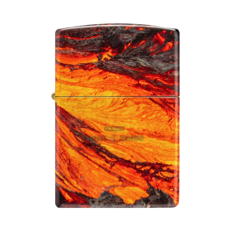 Zippo Lava Flow 540 Fusion lighter 48622 standing closed, glowing molten-lava design wrapping the brass case