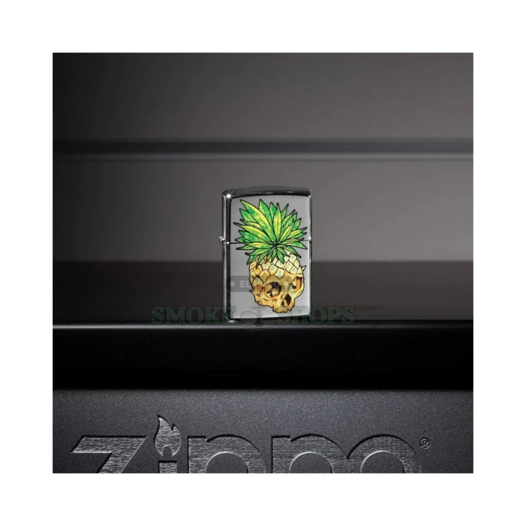 Open Zippo Leaf Skull Pineapple windproof lighter showing the chimney and flame
