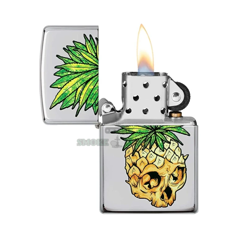Zippo Leaf Skull Pineapple high polish chrome windproof lighter (49241) front view at El Paso Smoke Shops