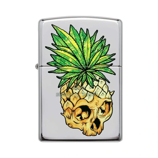 Zippo Leaf Skull Pineapple high polish chrome windproof lighter (49241) front view at El Paso Smoke Shops