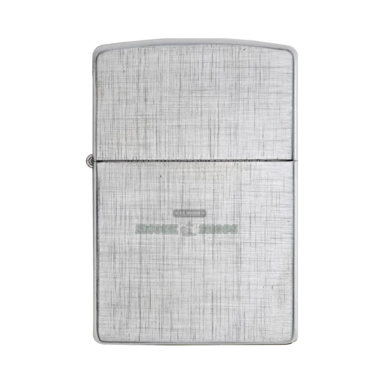 Zippo 28181 Linen Weave Brushed Chrome lighter shown with its gift box