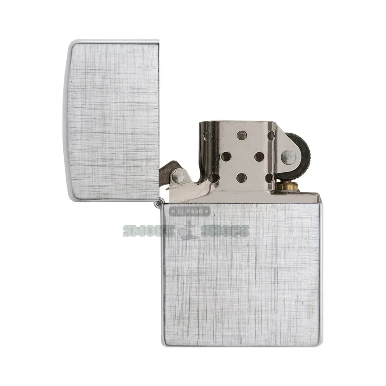 Zippo Linen Weave windproof lighter in Brushed Chrome, model 28181, closed front view showing the crosshatch texture