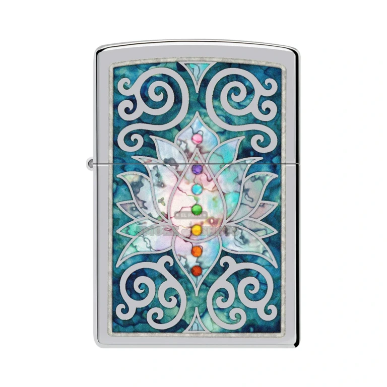 Full-color lotus flower fused into the high polish chrome finish of the Zippo 48592 Fusion lighter