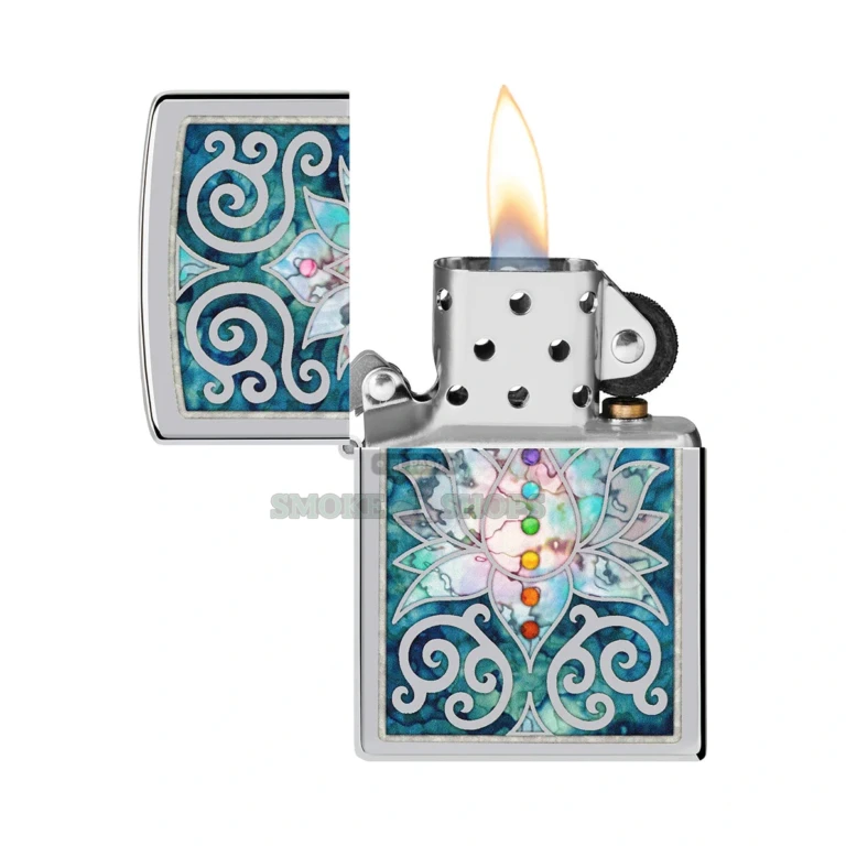 Open Zippo Fusion lighter showing the windproof chimney and lit flame