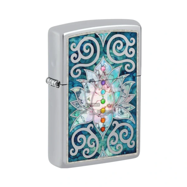 Zippo Lotus Flower Fusion windproof lighter in high polish chrome, model 48592, closed front view