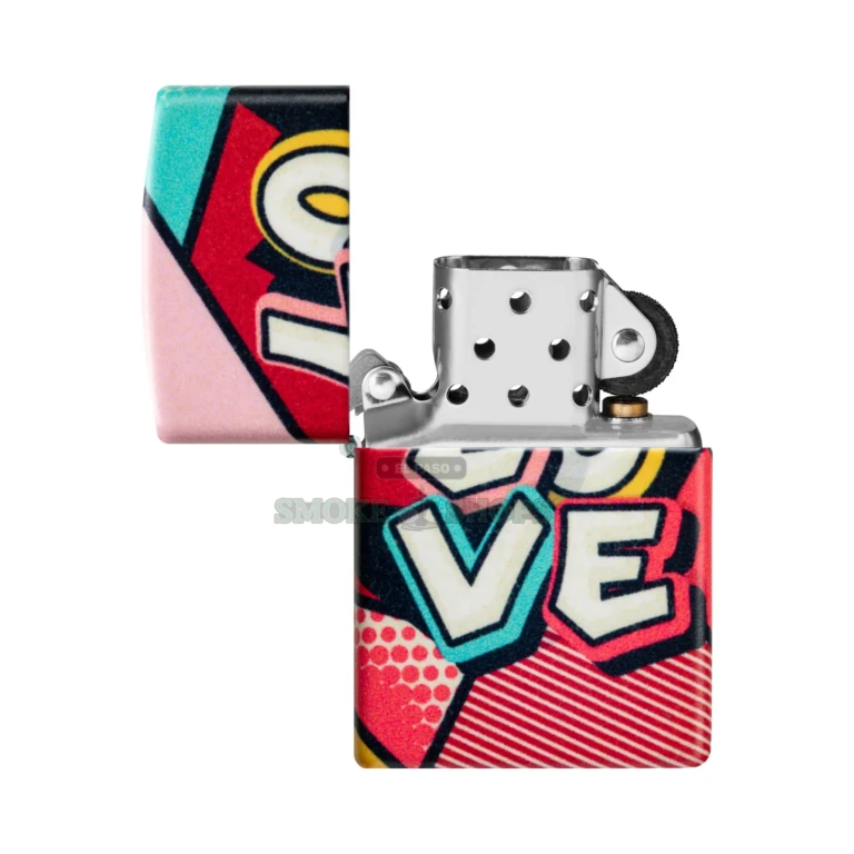 Zippo Love Design 540 Matte windproof lighter model 46013 with full-wrap comic LOVE graphics, closed and standing upright