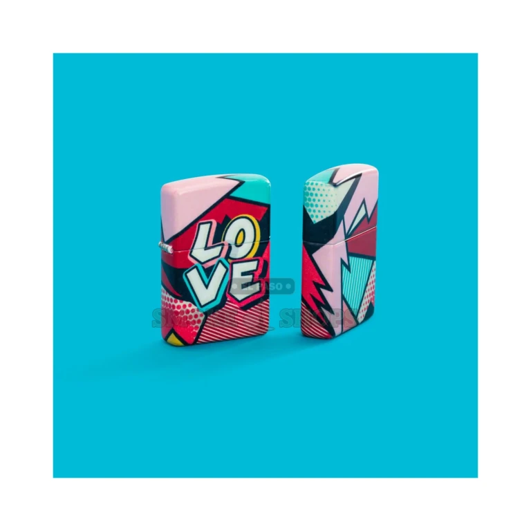 Zippo 46013 Love Design 540 Color case showing the comic LOVE artwork wrapping around the side seam
