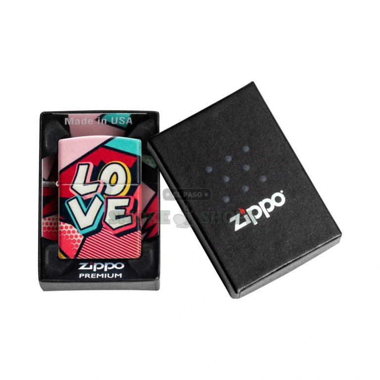 Zippo Love Design 540 Matte windproof lighter model 46013 with full-wrap comic LOVE graphics, closed and standing upright