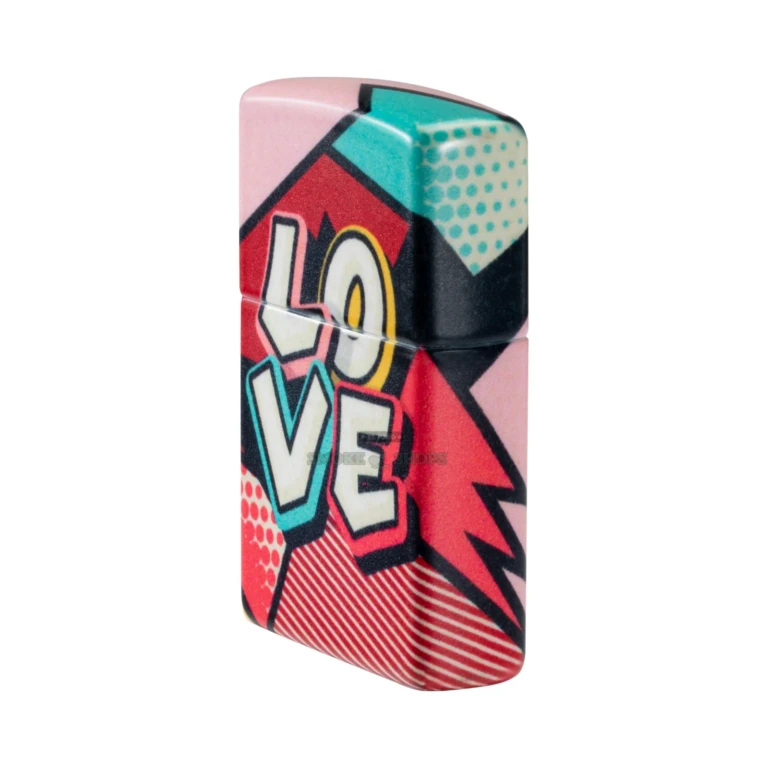 Zippo Love Design 540 Matte windproof lighter model 46013 with full-wrap comic LOVE graphics, closed and standing upright