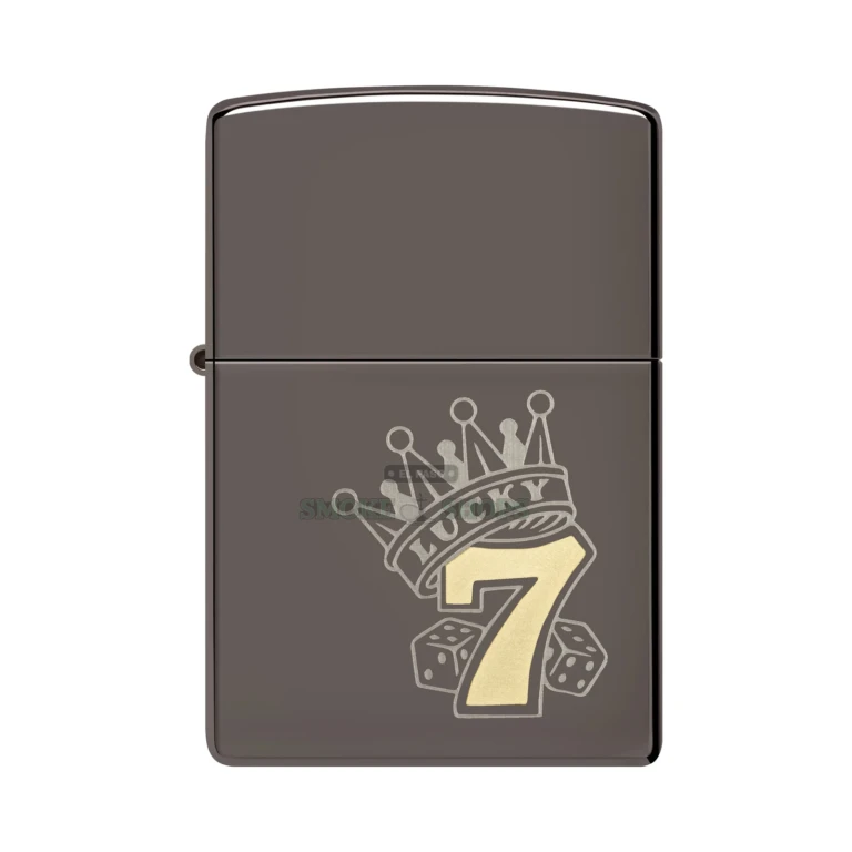 Zippo Lucky 7 Black Ice lighter 48913 with brass and chrome crown and dice design, front view