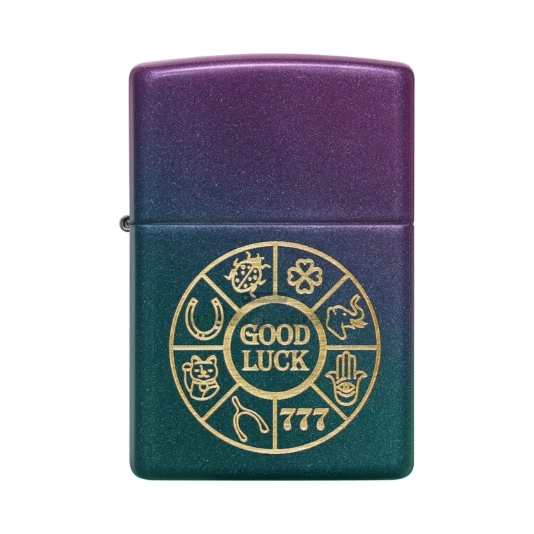 Open Zippo Lucky Symbols lighter showing the windproof chimney and lit flame