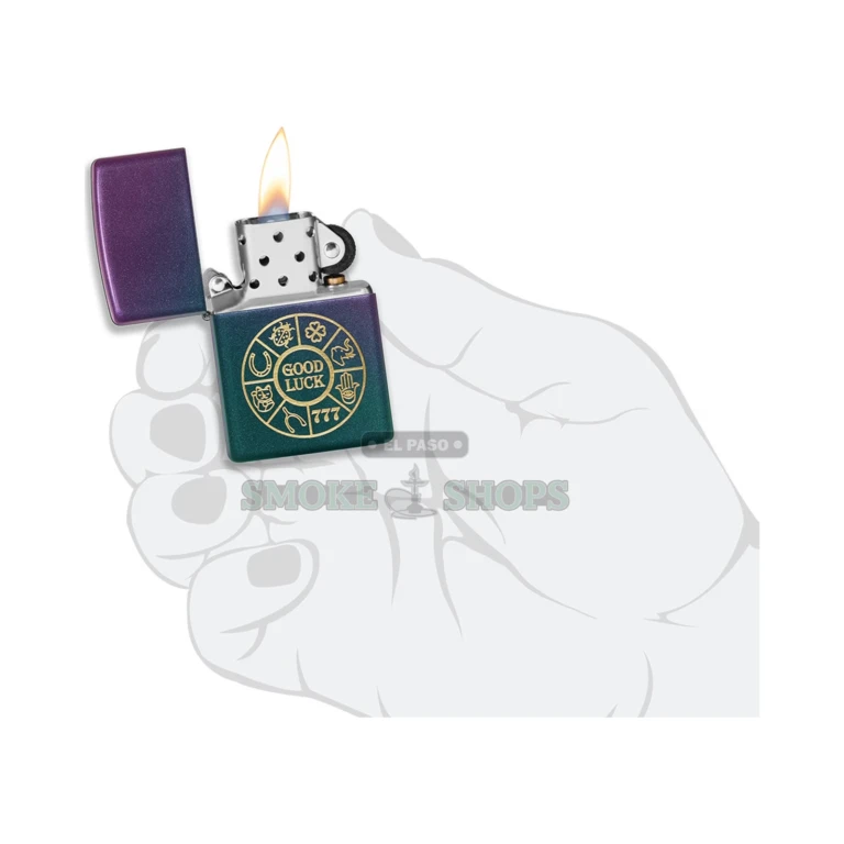 Zippo Lucky Symbols Iridescent lighter shown in its Zippo gift box